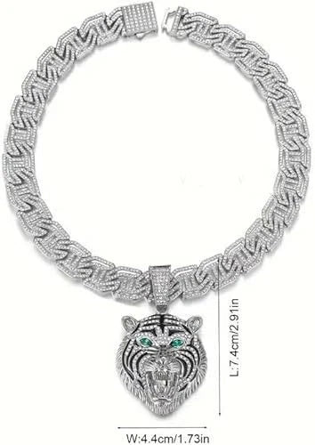 2-Pc ICED OUT Tiger Head 14K Gold Plated CZ Wide 'H' Shape Cuban Chain Necklace