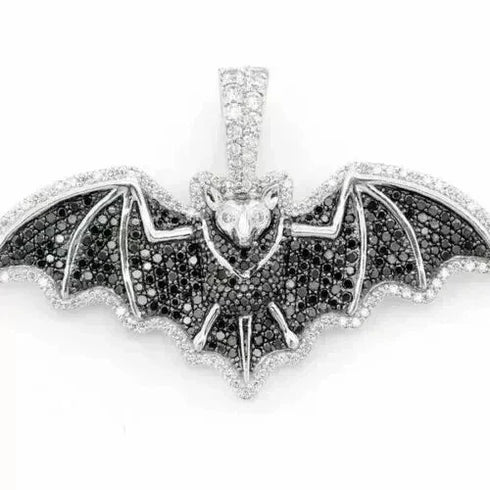 Iced Out Paved 14K White Gold Plated Cubic Zirconia Black Bat Pendant Necklace