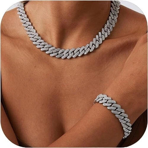 2-Pc ICED OUT 14K Gold Plated Gold/Silver CZ Cuban Chain Bracelet & Necklace Set