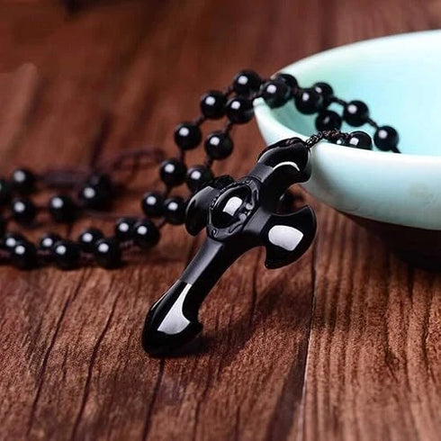 Good Luck Amulet Obsidian Cross Beaded Pendant Necklace