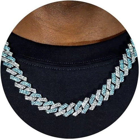 2Pc FULLY ICED 14K White Gold Plated CZ Miami Cuban Link Chain Necklace & Bracelet