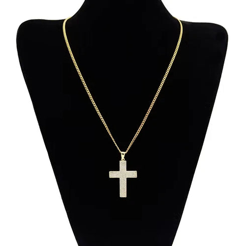 Iced Out Bling 14K Gold Plated Cubic Zirconia Blessed Cross Pendant Necklace