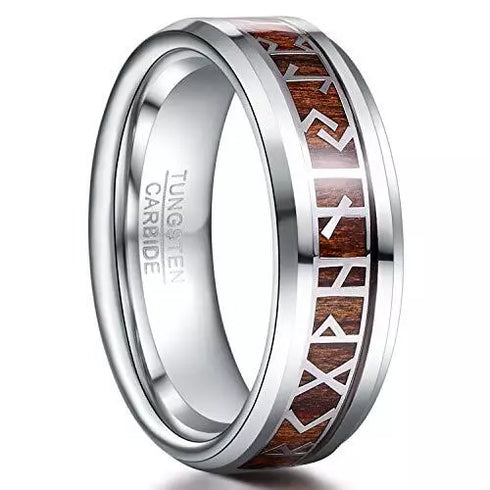 Men's 8mm Tungsten Viking Runes Pattern Wood Inlay Comfort-Fit Wedding Band