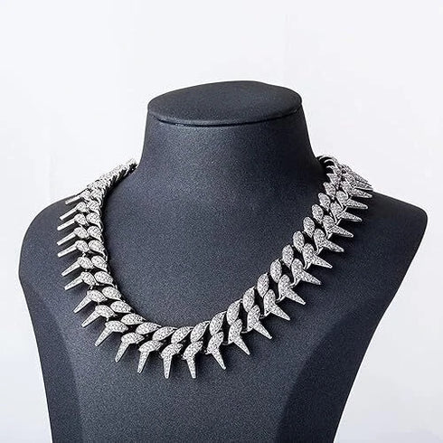 2 Pc FULLY ICED 14K White Gold Plated CZ Thorn Cuban Link Chain Necklace & Bracelet