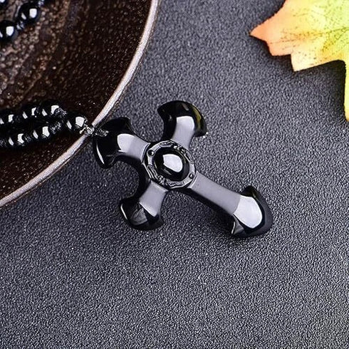 Good Luck Amulet Obsidian Cross Beaded Pendant Necklace