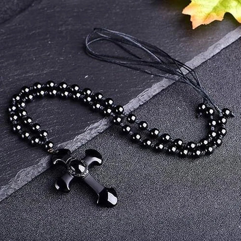 Good Luck Amulet Obsidian Cross Beaded Pendant Necklace
