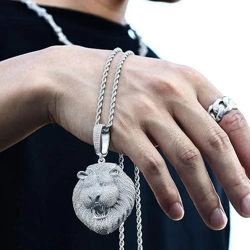 3-Pcs Iced Out 14K Gold Plated CZ Lion Head Pendant W/Cuban Necklace & Bracelet