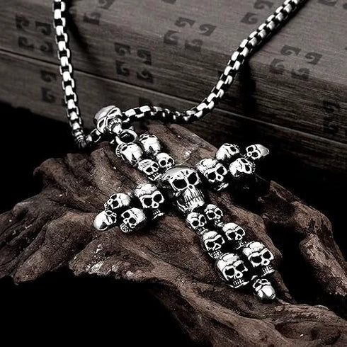 Vintage Cross Skull/Ghost 316L Stainless Steel Carved Halloween Pendant Necklace
