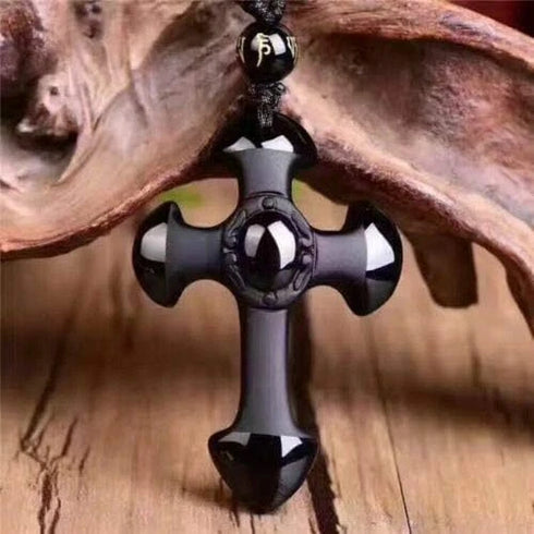 Good Luck Amulet Obsidian Cross Beaded Pendant Necklace