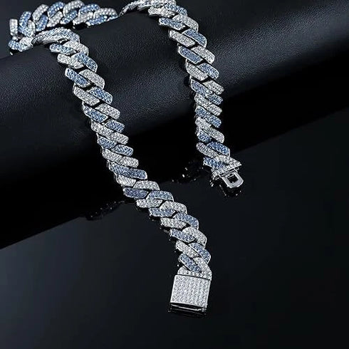 2 Pc Men Women FULLY ICED Rhombus Blue Cuban Link Chain 2Row CZ Necklace & Bracelet