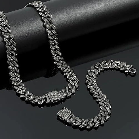 2 Pc FULLY ICED Black Rhodium Plated Cubic Zirconia Necklace & Bracelet