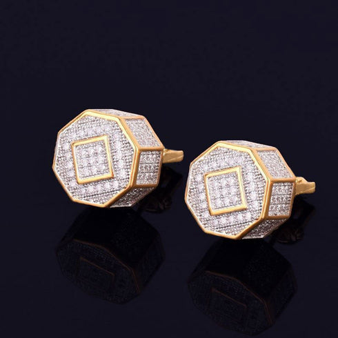 Dazzling 11MM 18K Gold Plated True Micro Pave Cubic Zircon Octagon Men Women Stud Earrings
