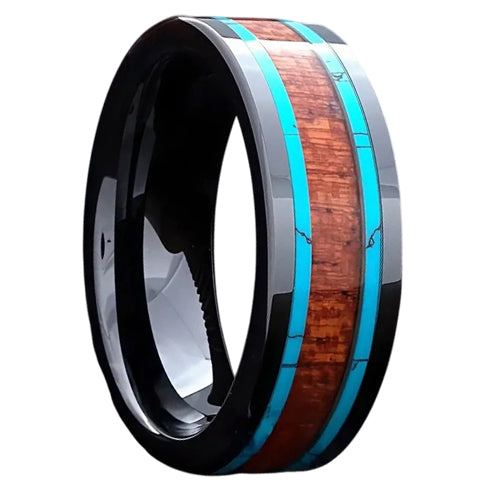 Turquoise Wood Comfort-Fit Polished Carbon Fiber 8mm Titanium Wedding Band