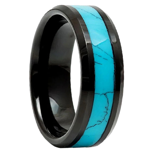 Black Turquoise Beveled-Edge Comfort-Fit Polished 8mm Tungsten Wedding Band
