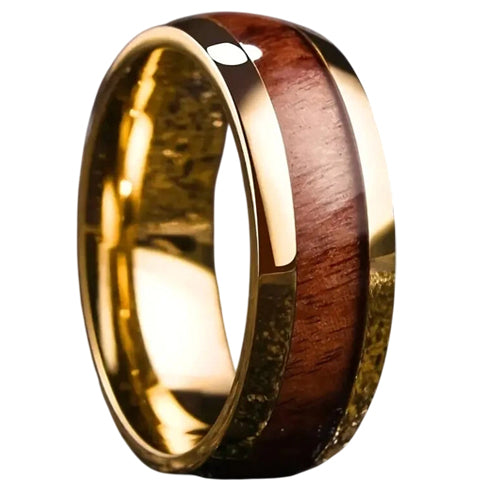 Yellow Gold Hawaii Koa Wood Comfort-Fit Polished 8mm Tungsten Wedding Band