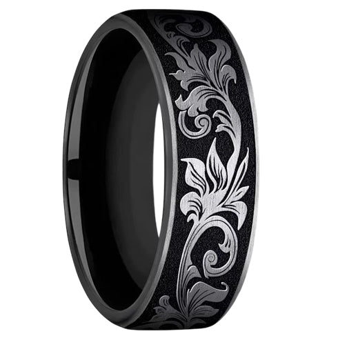 Grey & Black Vintage Scrollwork Design Comfort-Fit 6mm Titanium Wedding Band