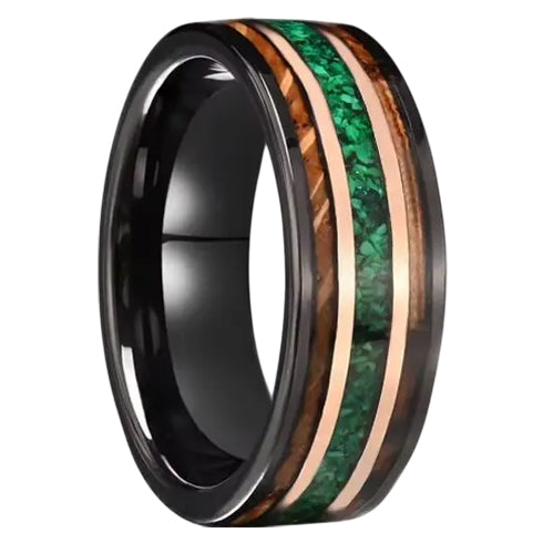 Black Tungsten Burnt Whiskey Barrel Malachite Comfort-Fit 8mm Wedding Band