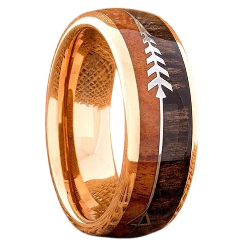 Rose Gold Cupid's Arrow Koa Wood Inlay Comfort-Fit 8mm Tungsten Wedding Band