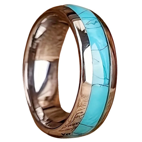 Silver Turquoise Domed Polished Carbon Fiber Comfort-Fit 8mm Tungsten Wedding Band