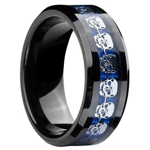 Black/Blue Laser Skull Carbon Fiber/Matte Black CZ 8mm Titanium Wedding Band